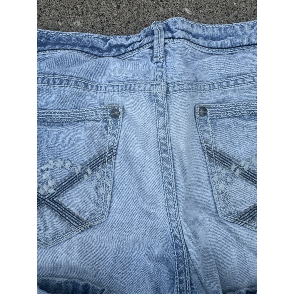 Madison Denim Women's Low Rise Flare Leg Distress SZ 7/8 Dark Stitch Embroidery